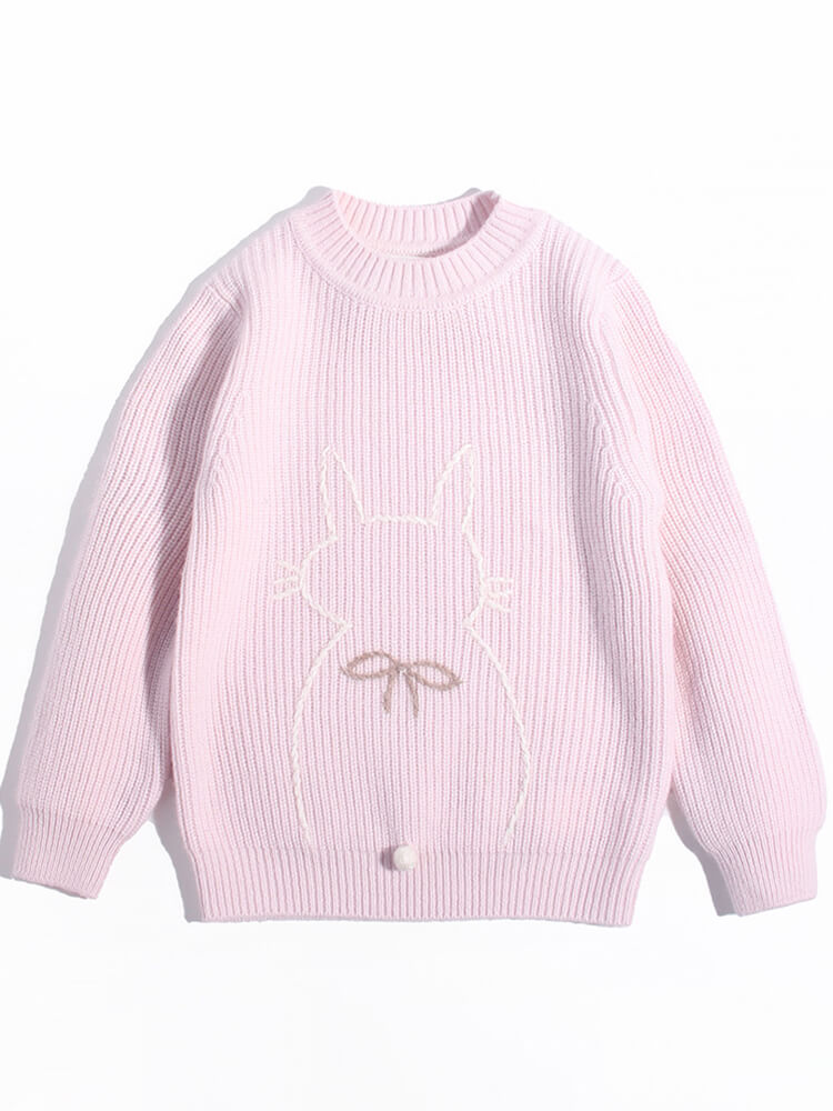 Light Pink Bunny and Bow Outline Cashmere Ribbed Knit Sweater